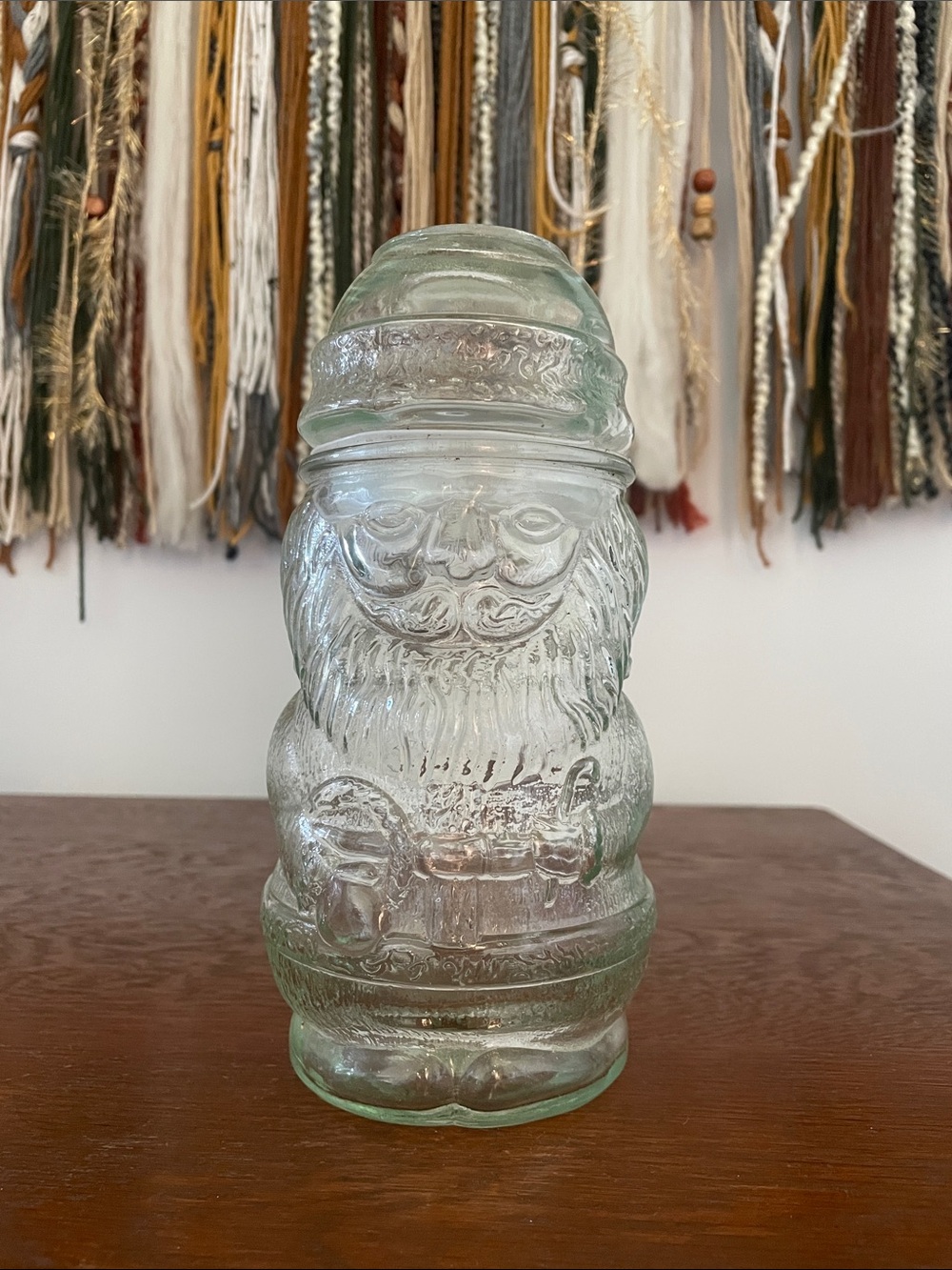 Vintage Clear Glass Santa Figural Bottle with lid